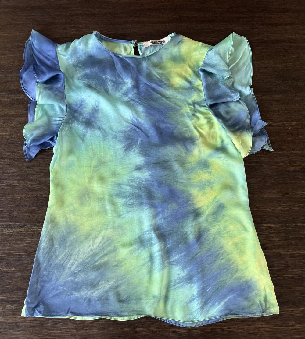 Roberto Cavalli Blouse Womens 40 Top Shirt Watercolor Flutter Sleeve Made Italy